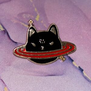 Celestial Black & Red Cat Saturn Planet Universe Metal & Enamel Pin
